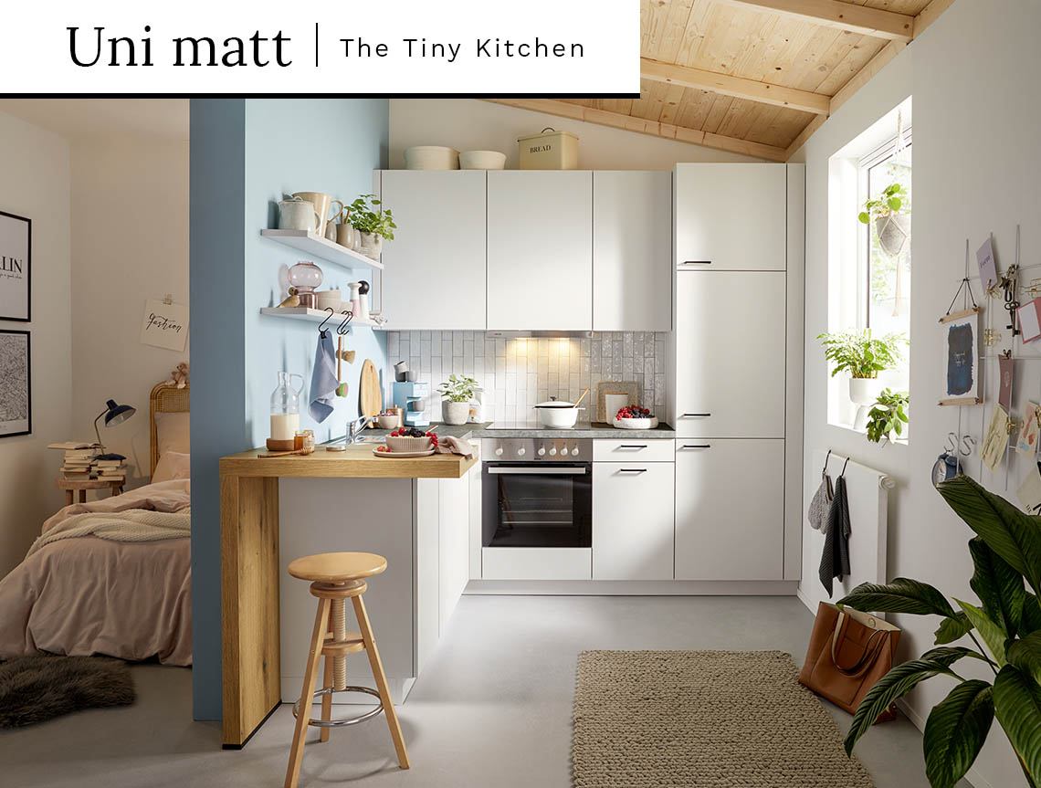 Uni matt – Kleine Appartment Küche mit Theke