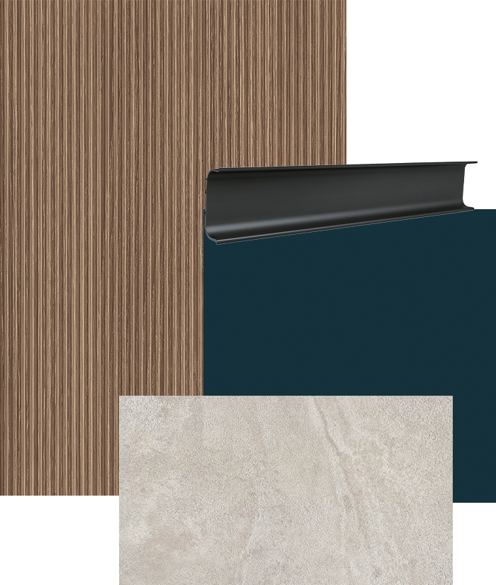 Collage – Dunkles Holz + Tiefblau
