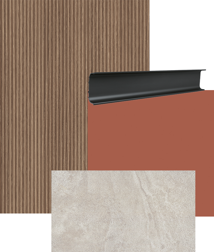 Collage – Dunkles Holz + Orientrot
