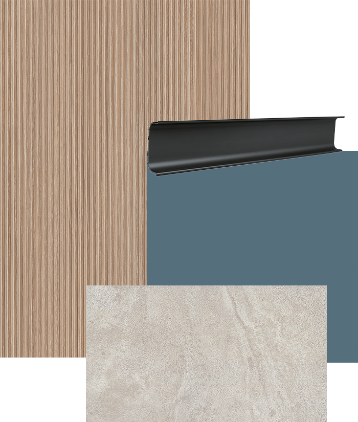 Collage – Helles Holz + Stahlblau